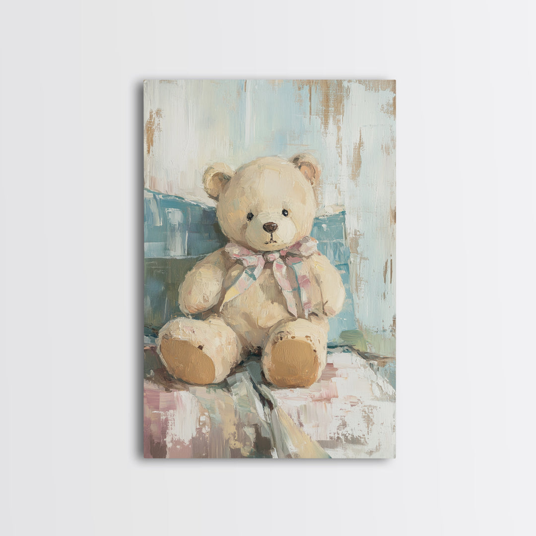 Cream Teddy Bear On Blue Pillow Framed Canvas Print, Nursery Wall Art, Kids Room Decor, Baby Shower Gift, Neutral Nursery Decor