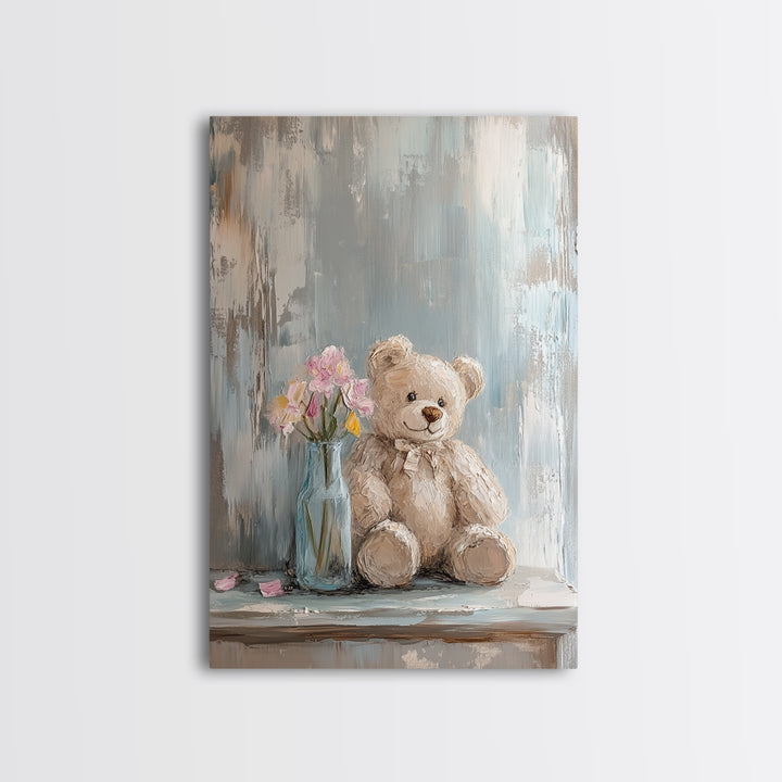 Smiling Teddy Bear With Pink Flowers Wall Art, Nursery Decor, Kids Room Art, Baby Shower Gift, Whimsical Animal Print, Girl Nursery Decor