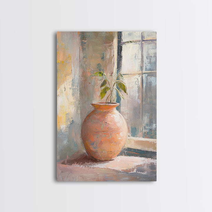 Terracotta Vase With Green Plant Framed Canvas Print, Rustic Botanical Wall Art, Neutral Home Decor, Entryway Wall Decor