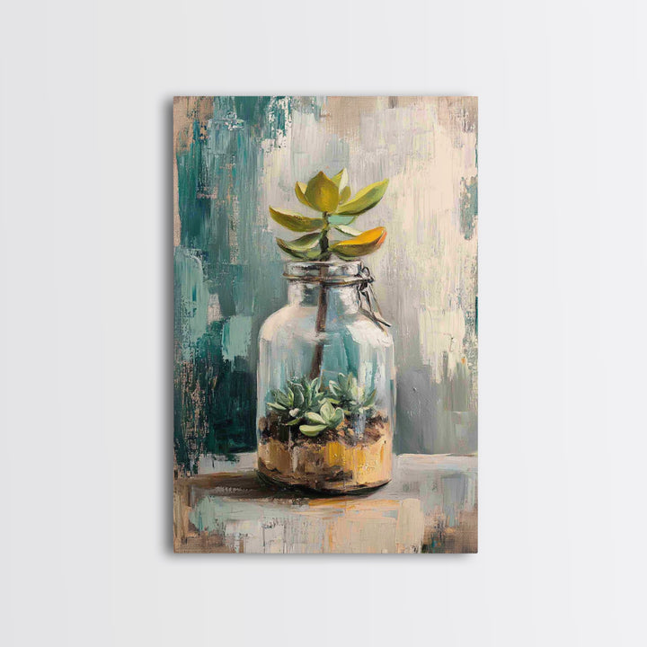 Succulent Terrarium In Glass Jar Wall Art, Botanical Canvas Print, Teal Still Life Decor, Plant Lover Housewarming Gift