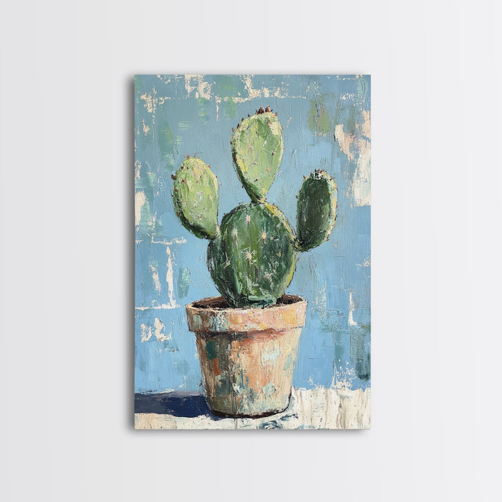 Prickly Pear Cactus In Clay Pot Wall Art, Desert Botanical Canvas Print, Southwest Decor, Plant Lover Housewarming Gift Idea