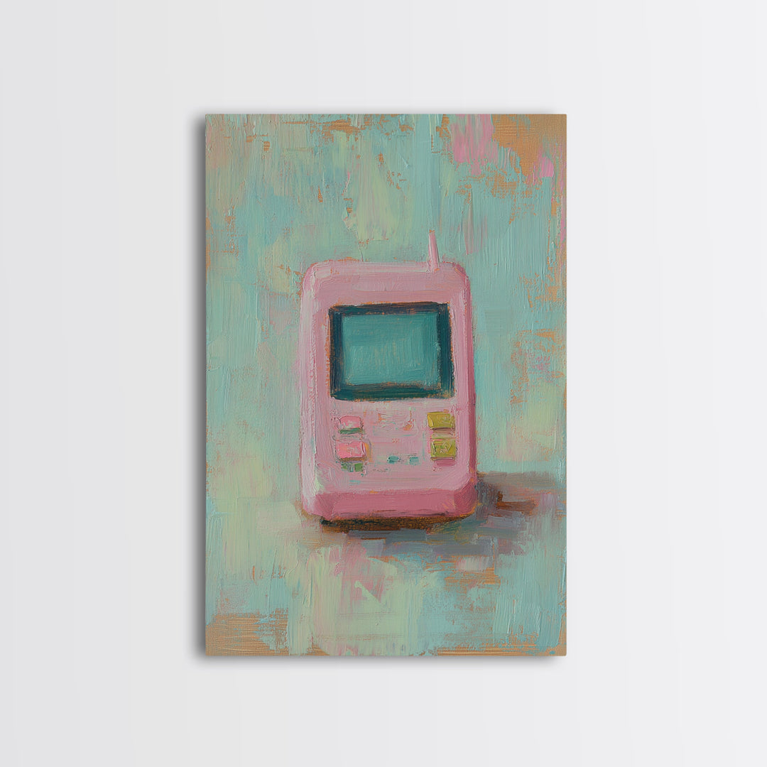 Pink Retro Handheld Game Wall Art, Nostalgic Tech Canvas Print, 90s Decor, Gamer Gift, Pastel Office Desk Art, Unique Home Decor