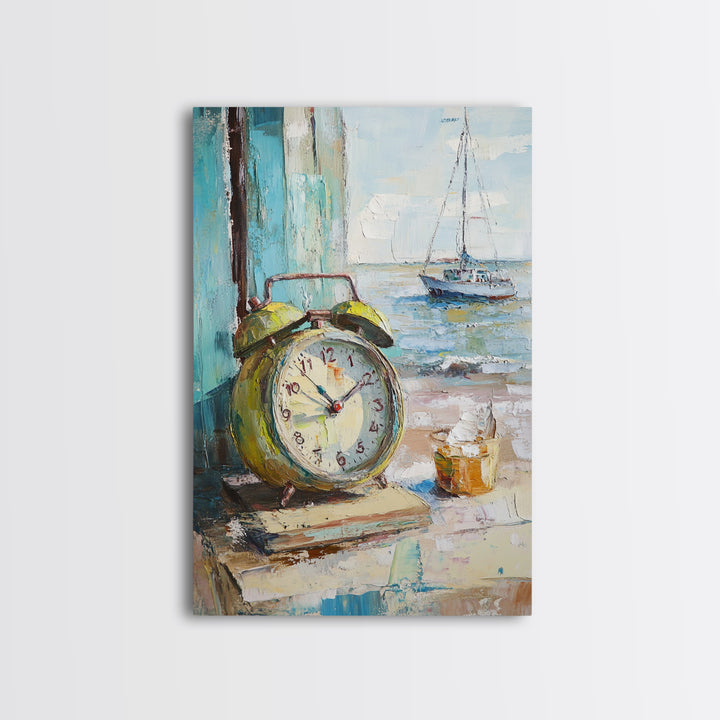 Nautical Alarm Clock Still Life Framed Canvas Print, Coastal Wall Art, Beach House Decor, Sailboat Ocean Art Print, Nautical Home Decor