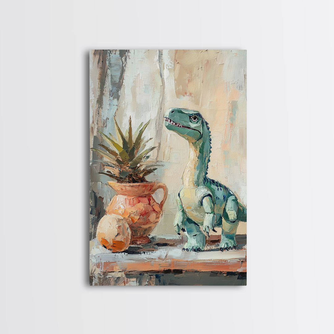 Cute Dinosaur And Potted Plant Canvas Print, Whimsical Animal Wall Art, Kids Room Decor, Nursery Art, Playroom Gift For Child Bedroom