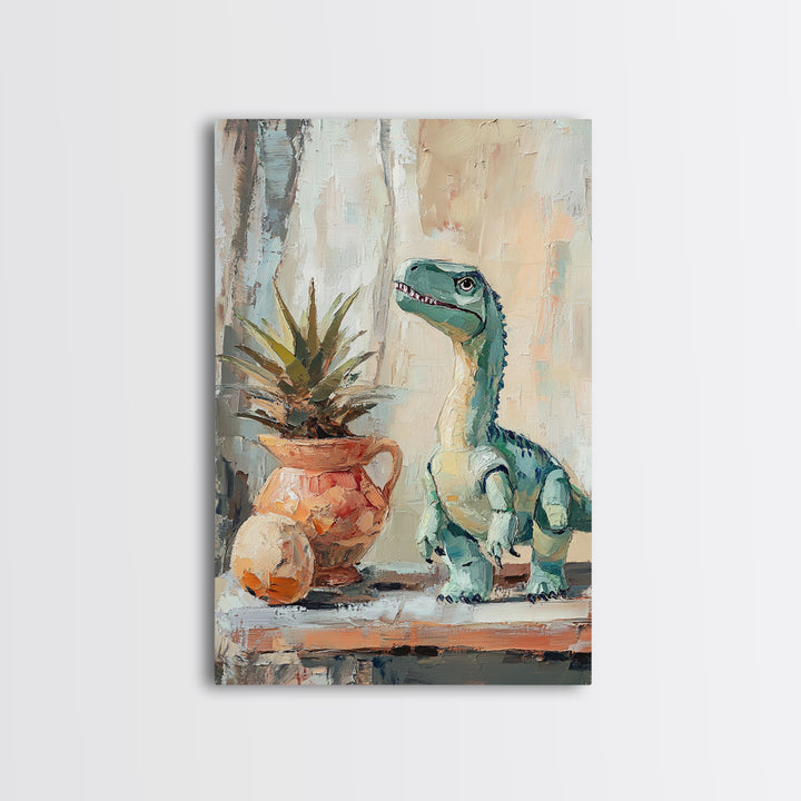Cute Dinosaur And Potted Plant Canvas Print, Whimsical Animal Wall Art, Kids Room Decor, Nursery Art, Playroom Gift For Child Bedroom