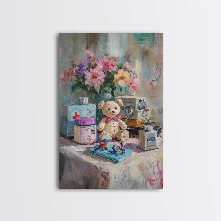 Teddy Bear Medical Kit Still Life Wall Art, Whimsical Nursery Decor, Doctor Office Art, Pediatric Room Canvas Print, Baby Shower Gift