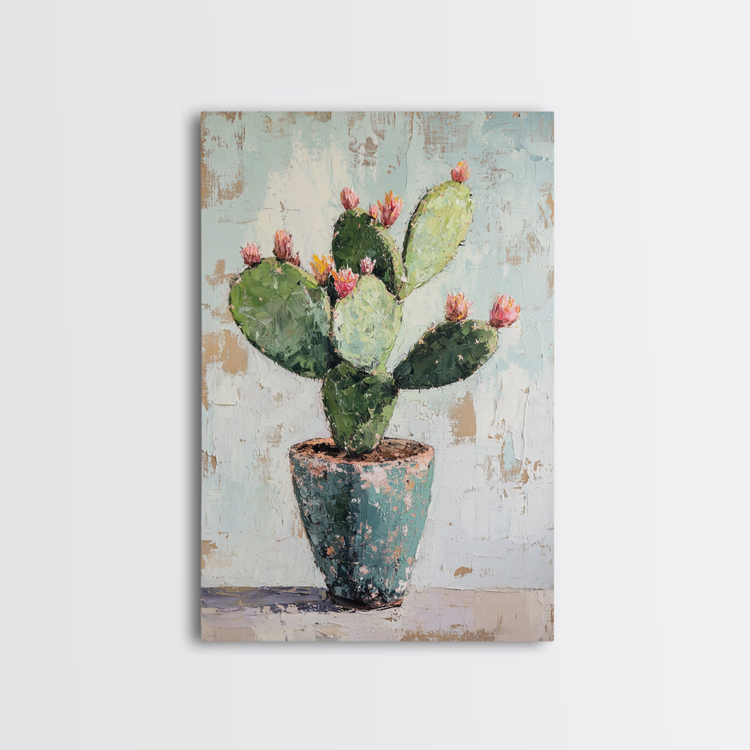 Prickly Pear Cactus In Rustic Pot Canvas Print, Desert Wall Art, Southwest Decor, Botanical Wall Decor, Plant Lover Gift