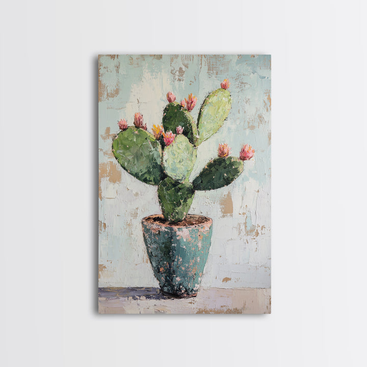 Prickly Pear Cactus In Rustic Pot Canvas Print, Desert Wall Art, Southwest Decor, Botanical Wall Decor, Plant Lover Gift