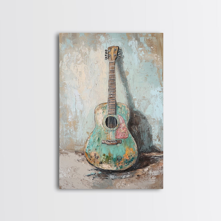 Weathered Turquoise Acoustic Guitar Canvas Print, Music Room Wall Art, Rustic Music Decor, Guitar Lover Gift, Studio Poster