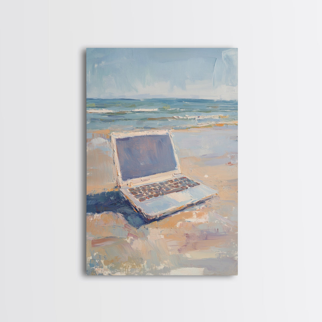 Open Laptop On Sandy Beach Framed Canvas Print, Coastal Wall Art, Remote Work Office Decor, Ocean Landscape Art Print, Beach House Decor