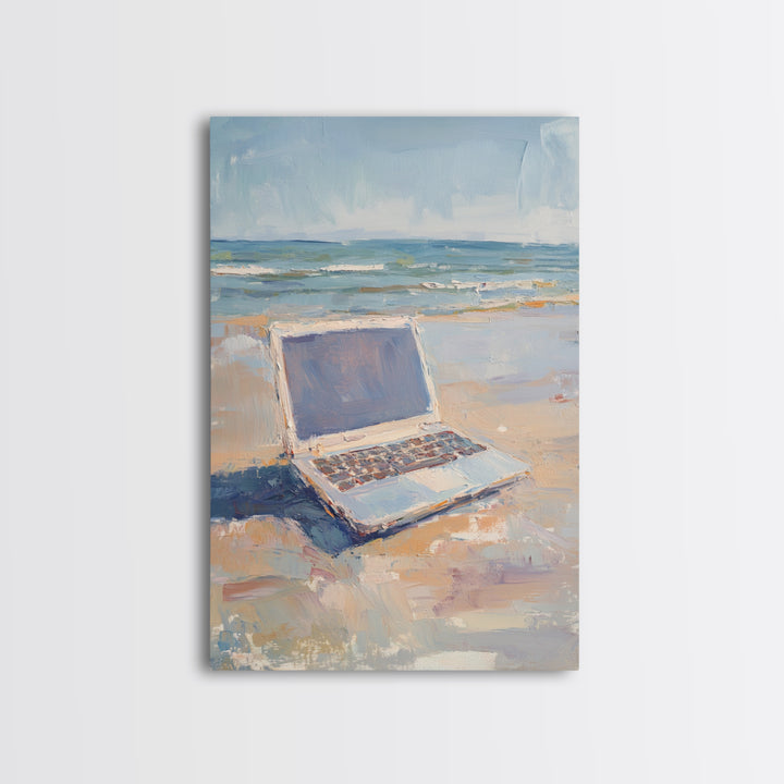 Open Laptop On Sandy Beach Framed Canvas Print, Coastal Wall Art, Remote Work Office Decor, Ocean Landscape Art Print, Beach House Decor