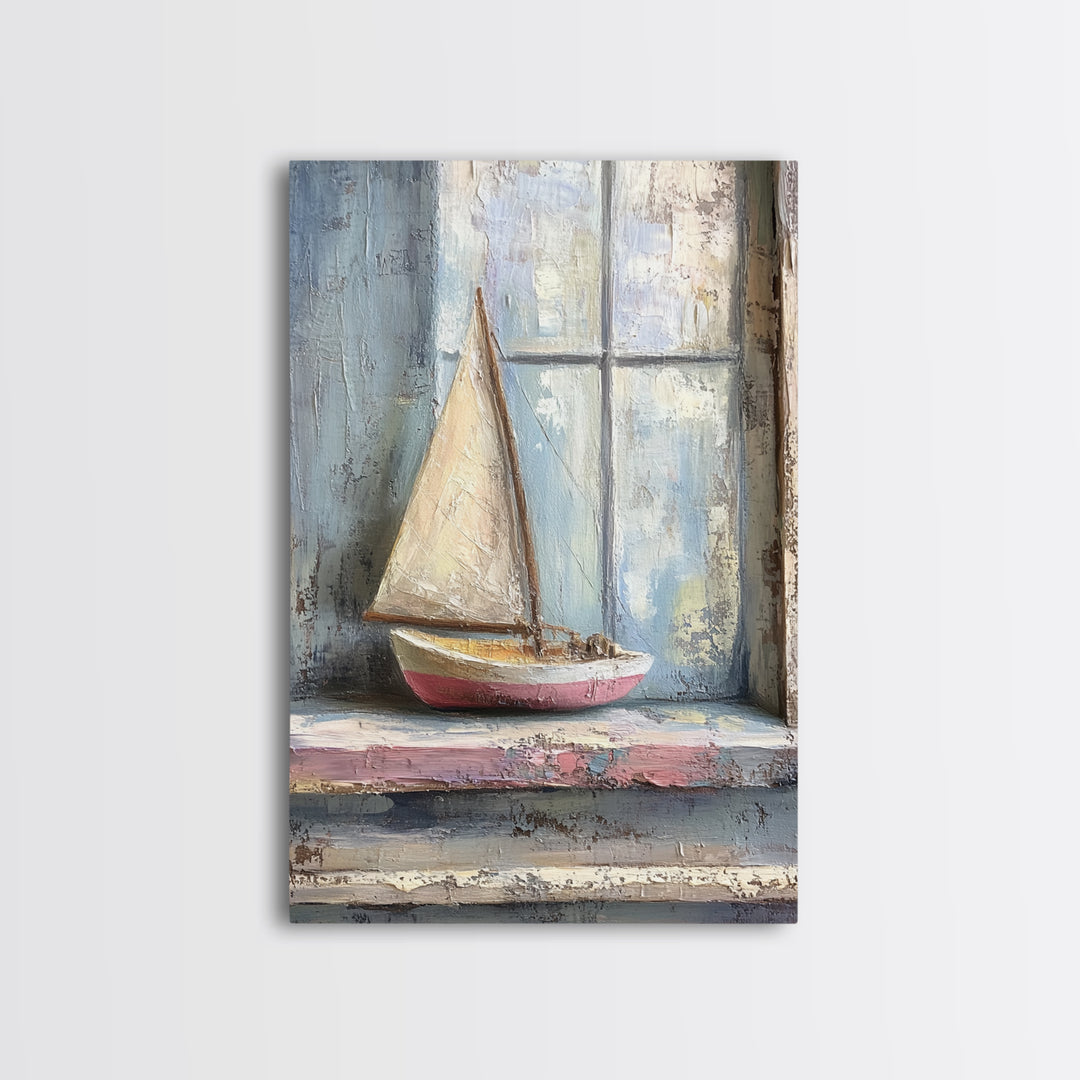 Weathered Sailboat On Window Sill Framed Canvas Print, Nautical Wall Art, Coastal Decor, Beach House Art, Seascape Art, Ocean Wall Decor