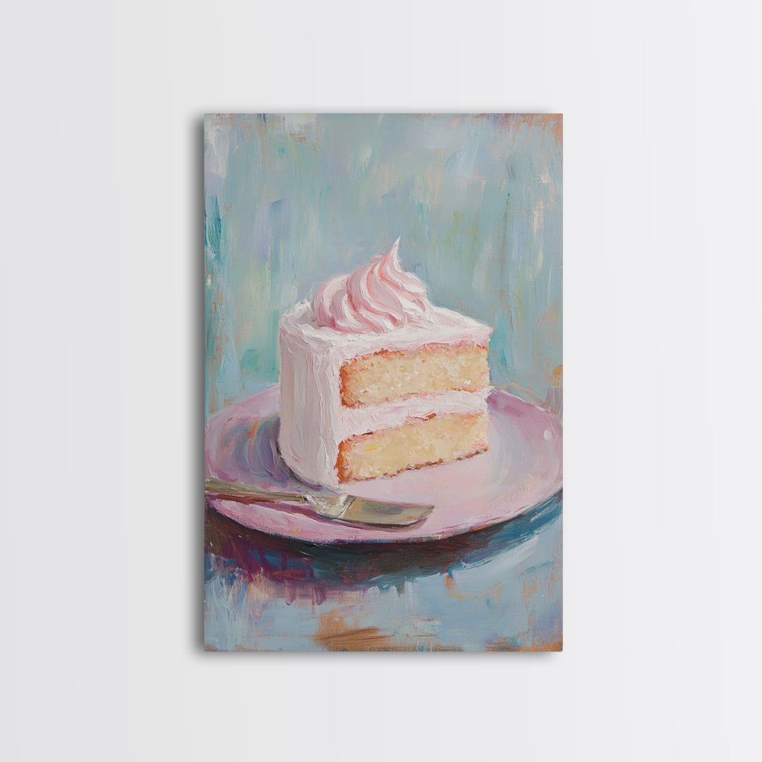 Pink Frosted Cake Slice On Plate Wall Art, Bakery Art Print, Kitchen Wall Art, Cute Kitchen Decor, Dessert Art, Gift For Her
