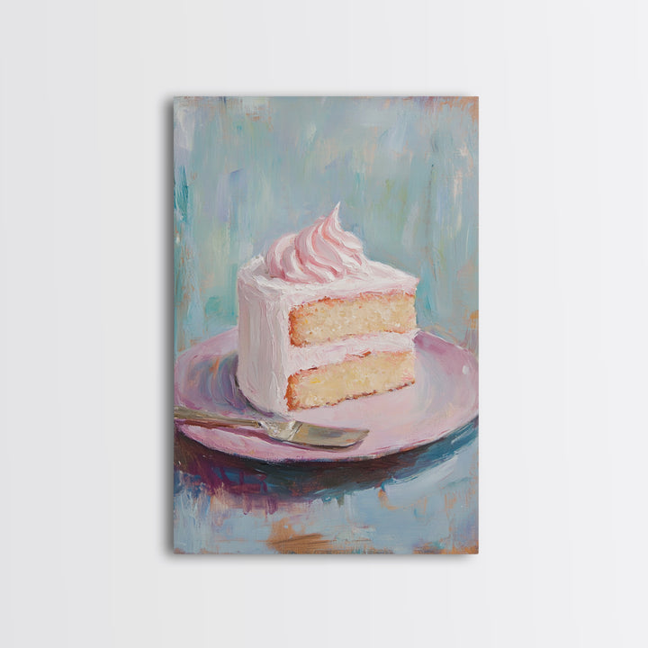 Pink Frosted Cake Slice On Plate Wall Art, Bakery Art Print, Kitchen Wall Art, Cute Kitchen Decor, Dessert Art, Gift For Her