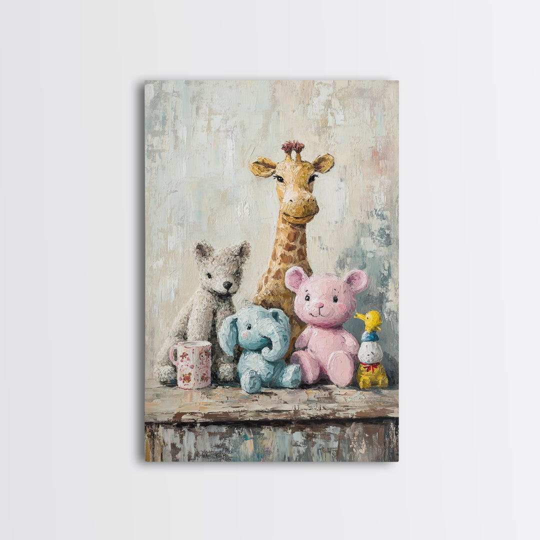 Whimsical Nursery Stuffed Animals Wall Art, Giraffe Teddy Bear Elephant Print, Kids Room Decor, Baby Shower Gift For Baby Room