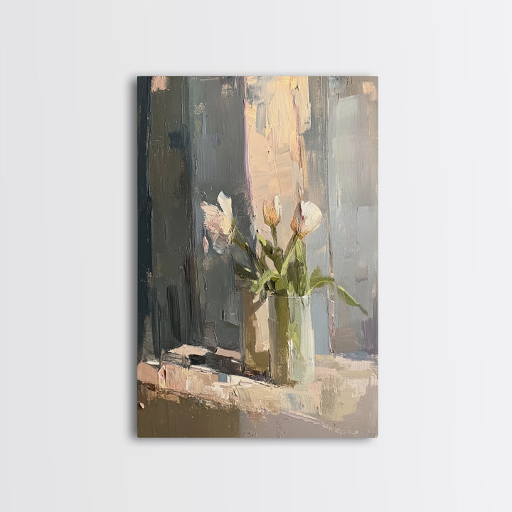 Soft White Tulips Framed Canvas Print, Impasto Floral Still Life, Neutral Wall Decor, Bedroom Decor, Gift For Her, Home Decor