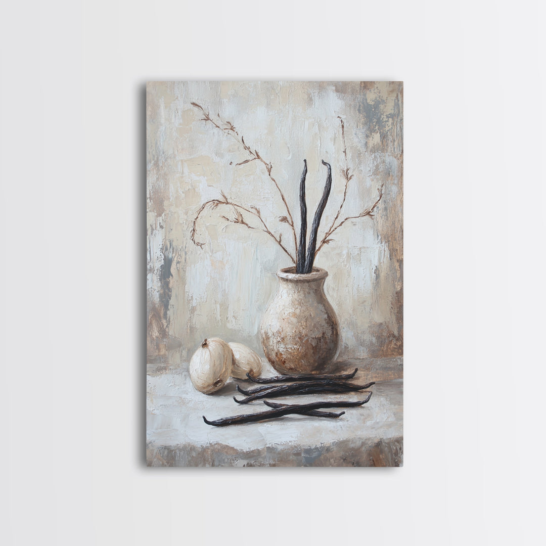 Rustic Vanilla Bean And Garlic Still Life Wall Art, Neutral Kitchen Decor, Farmhouse Canvas Print, Dining Room Art, Gift For Foodie