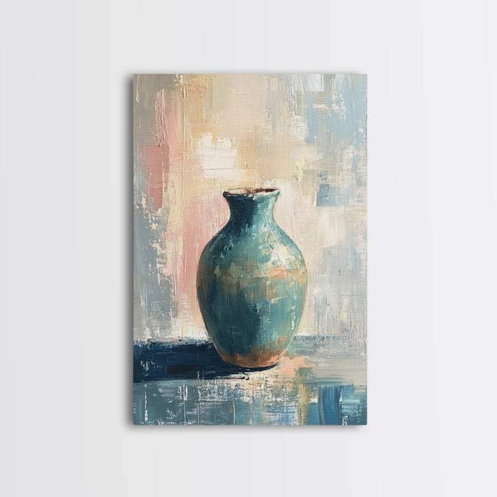 Turquoise Ceramic Vase Canvas Print, Modern Still Life Painting, Teal Wall Decor, Minimalist Art, Living Room Decor, Home Decor