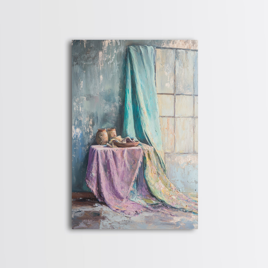 Turquoise Draped Fabric Still Life Wall Art, Soft Pastel Table Scene, Contemporary Canvas Print, Living Room Wall Decor, Home Decor
