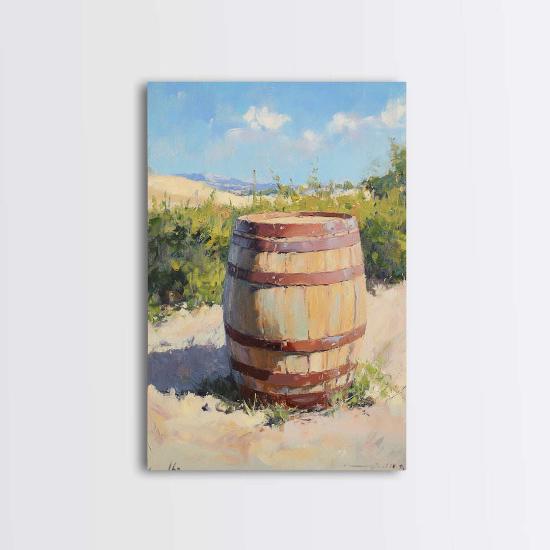 Sunlit Vineyard Wine Barrel Canvas Print, Rustic Winery Landscape Painting, Wine Wall Art, Kitchen Decor, Gift For Wine Lover