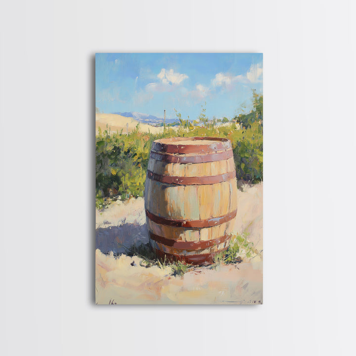 Sunlit Vineyard Wine Barrel Canvas Print, Rustic Winery Landscape Painting, Wine Wall Art, Kitchen Decor, Gift For Wine Lover