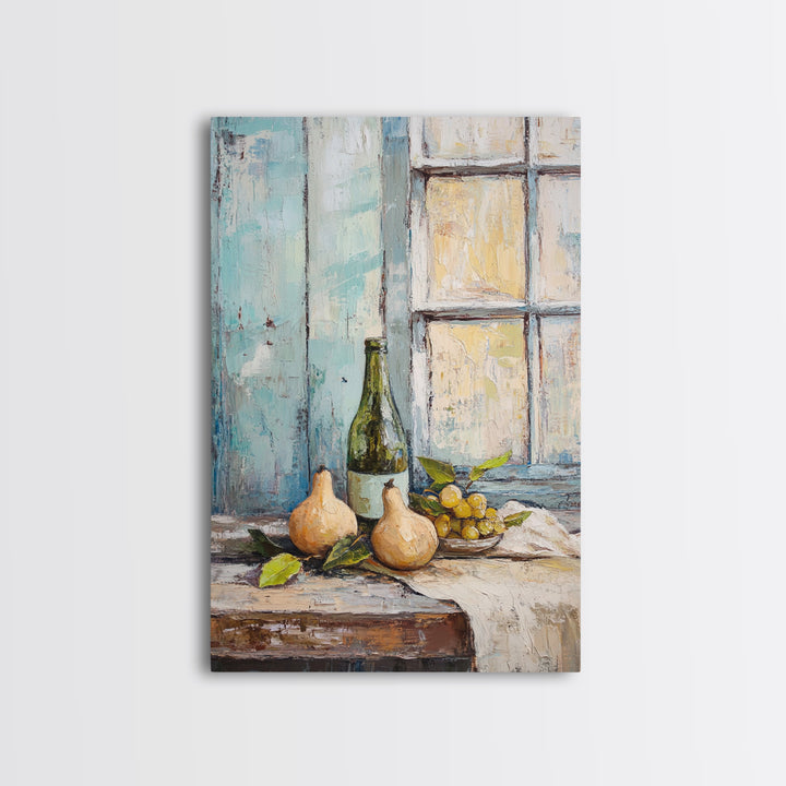 Wine Bottle Pears And Grapes By Window Canvas Print, Rustic Kitchen Wall Art For Dining Room Decor And French Country Decor