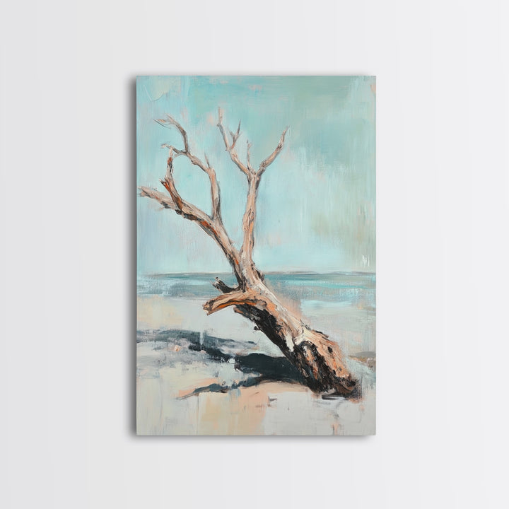 Weathered Driftwood On Quiet Beach Canvas Print, Coastal Wall Art, Minimalist Seascape Decor, Neutral Ocean Landscape Art