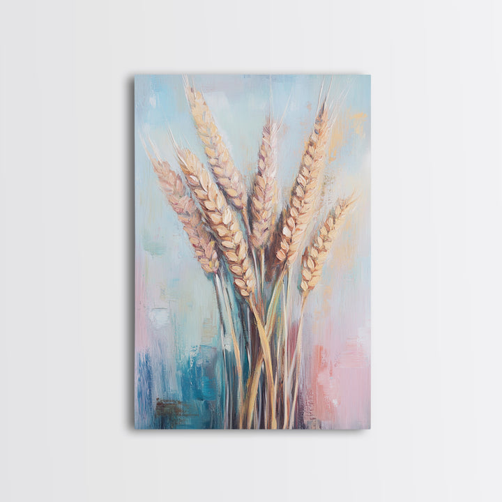 Golden Wheat Stalks In Soft Pastel Light Framed Canvas Print, Rustic Farmhouse Wall Art, Country Kitchen Decor, Housewarming Gift