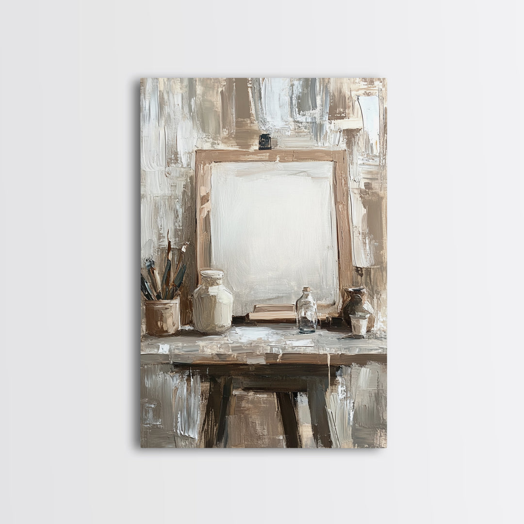 Neutral Artist Studio Easel And Paintbrushes Framed Canvas Print, Minimalist Office Wall Art, Rustic Home Decor For Creative Spaces
