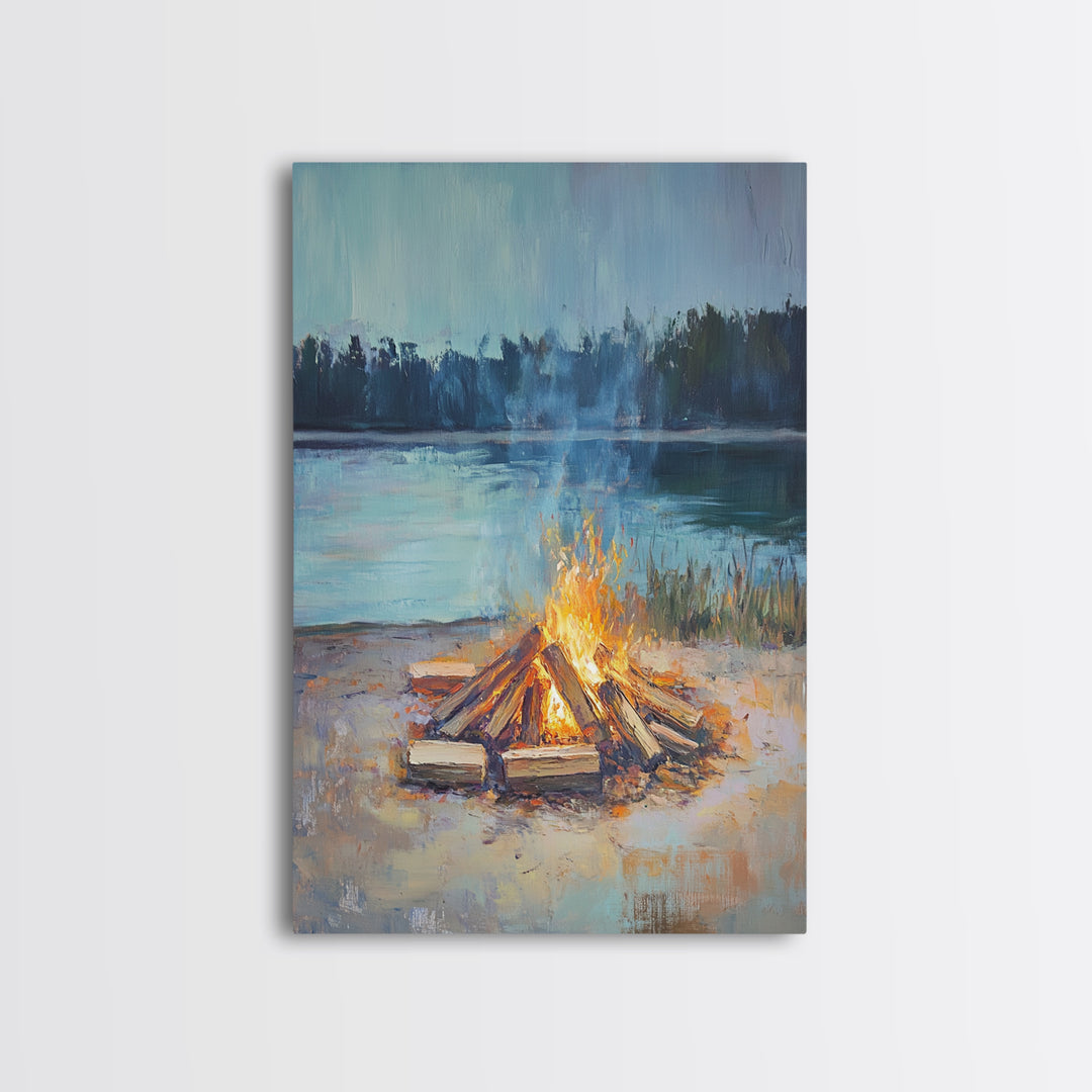Lakeside Campfire At Dusk Wall Art, Rustic Cabin Decor, Cozy Nature Print, Lake House Canvas, Housewarming Gift, Living Room Decor