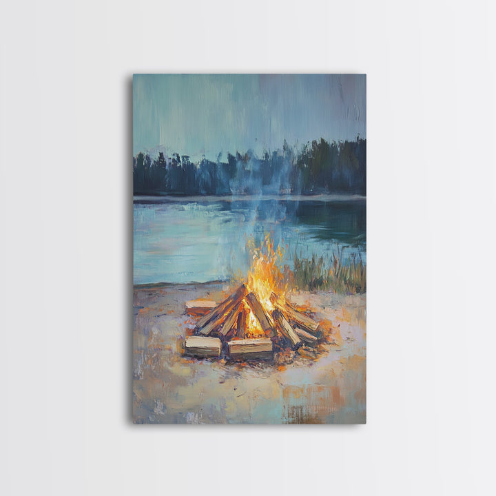 Lakeside Campfire At Dusk Wall Art, Rustic Cabin Decor, Cozy Nature Print, Lake House Canvas, Housewarming Gift, Living Room Decor