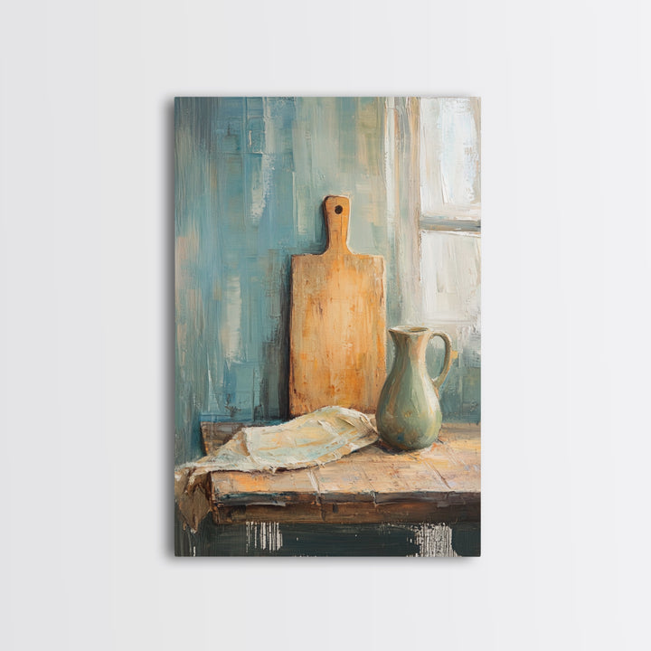 Rustic Cutting Board And Ceramic Pitcher Wall Art, Farmhouse Kitchen Decor, Country Still Life Art Print, Housewarming Gift