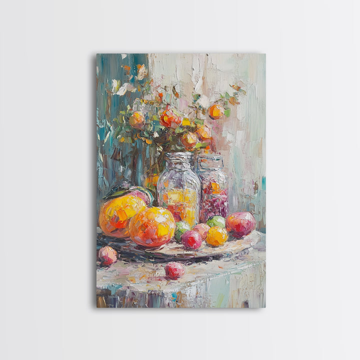 Colorful Citrus Fruit Still Life With Glass Jars Canvas Print, Kitchen Wall Art, Rustic Farmhouse Dining Room Decor, Foodie Gift