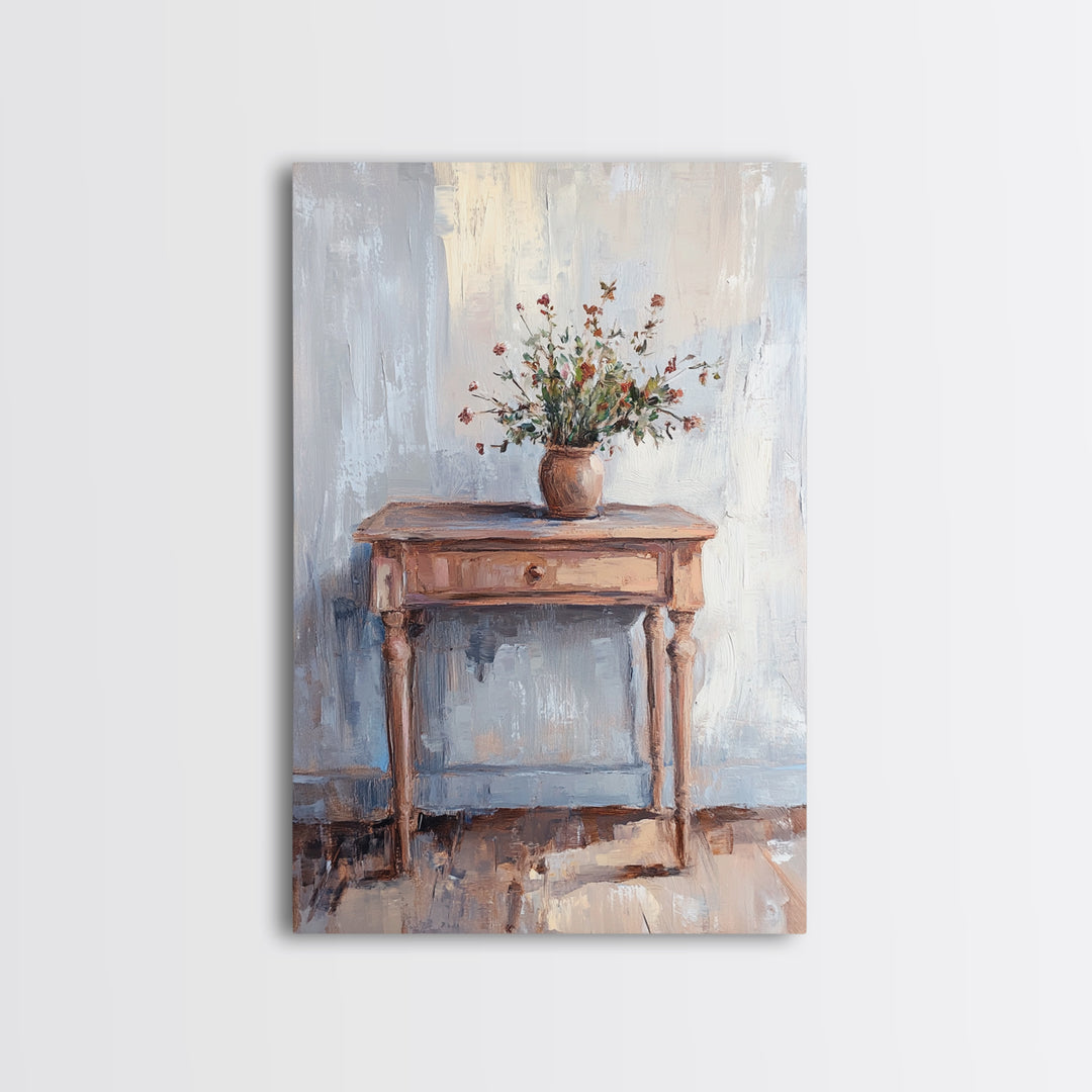 Rustic Console Table With Wildflower Vase Wall Art, Neutral Farmhouse Canvas Print, Entryway Living Room Wall Decor, Home Decor