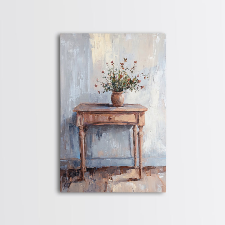 Rustic Console Table With Wildflower Vase Wall Art, Neutral Farmhouse Canvas Print, Entryway Living Room Wall Decor, Home Decor