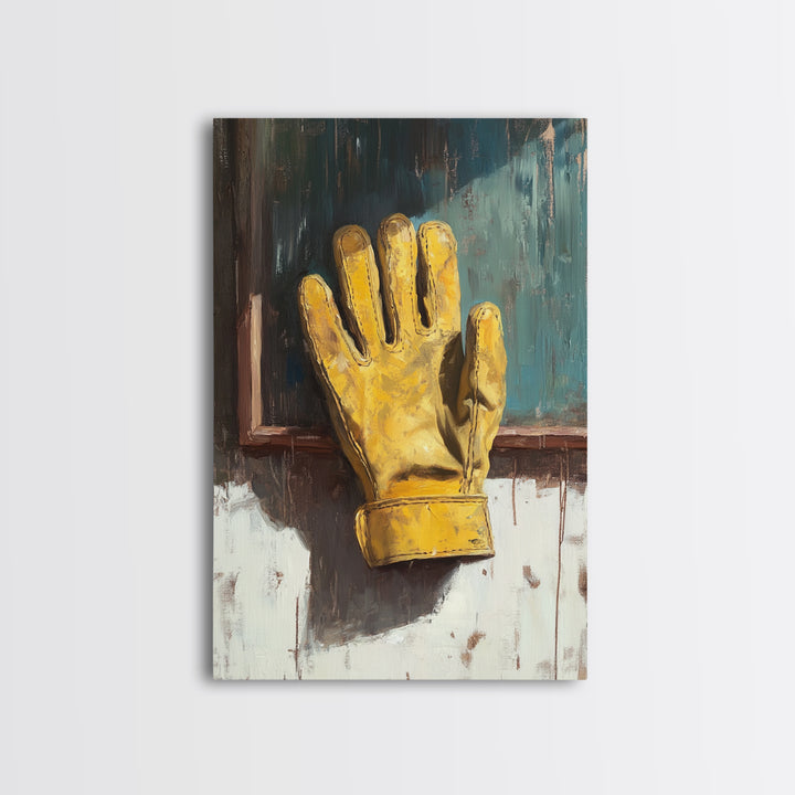 Yellow Work Glove On Rustic Chalkboard Wall Art, Industrial Garage Canvas Print, Tool Room Man Cave Wall Decor, Gift For Him