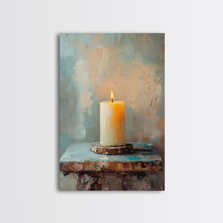 Glowing Ivory Candle On Rustic Table Canvas Print, Calming Still Life Wall Art For Spa Decor, Meditation Room, Cozy Home