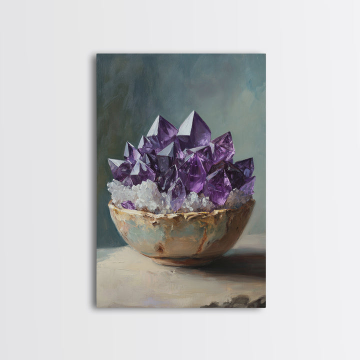 Purple Amethyst Crystals In Rustic Bowl Canvas Print, Crystal Wall Art, Spiritual Decor, Boho Home Decor, Gift For Her, Living Room Decor