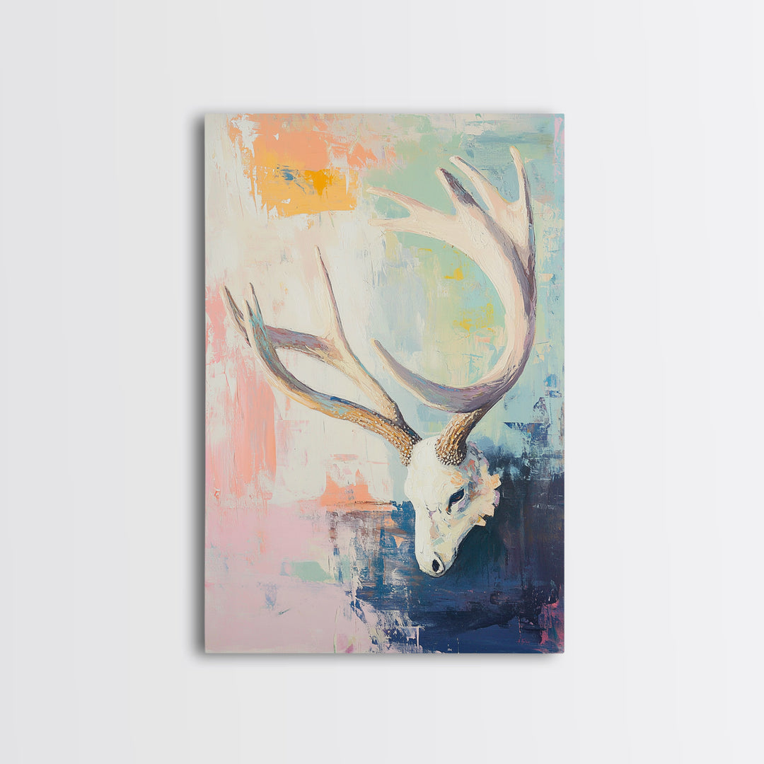 White Deer Skull With Antlers On Pastel Abstract Canvas Print, Western Wall Art, Boho Wall Decor, Rustic Cabin Home Decor