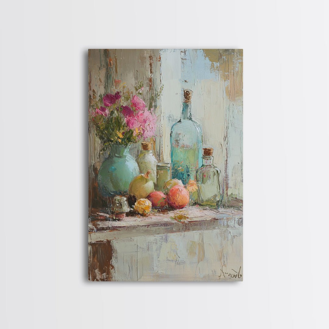 Flowers Bottles And Fruit Framed Canvas Print, Impressionist Still Life Wall Art, Kitchen Decor, Dining Room Prints, Home Decor
