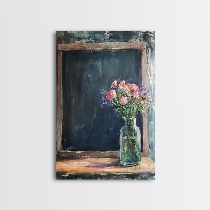 Chalkboard With Pink Flowers Wall Art, Rustic Kitchen Decor, Farmhouse Canvas Print, Floral Still Life, Dining Room Print
