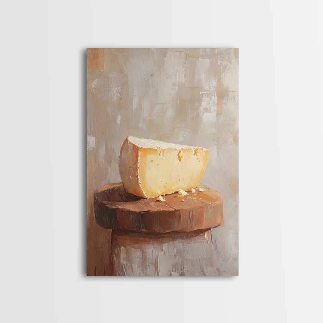 Cheese Wedge On Rustic Stool Canvas Print, Minimalist Kitchen Wall Art, Food Still Life, Farmhouse Decor, Gift For Foodie