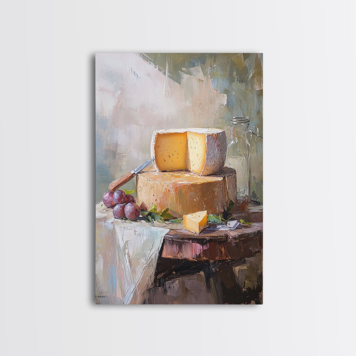 Cheese Wheel With Grapes Canvas Print, Rustic Kitchen Wall Art, Farmhouse Dining Room Decor, Food Still Life, Gift For Foodie