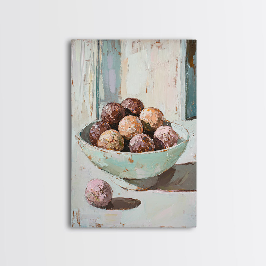 Pastel Bowl Of Chocolate Truffles Wall Art, Kitchen Decor, Food Still Life Painting, Whimsical Bakery Art Print Gift For Her