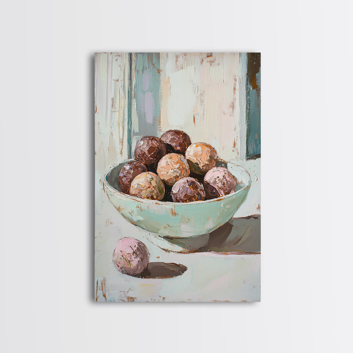 Pastel Bowl Of Chocolate Truffles Wall Art, Kitchen Decor, Food Still Life Painting, Whimsical Bakery Art Print Gift For Her