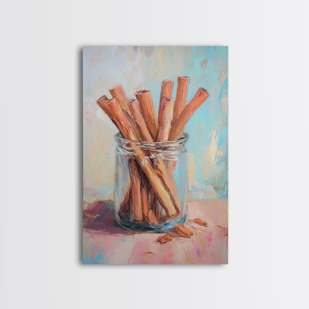 Cinnamon Sticks In Glass Jar Framed Canvas Print, Rustic Kitchen Wall Art, Spice Painting, Farmhouse Home Decor Gift Idea