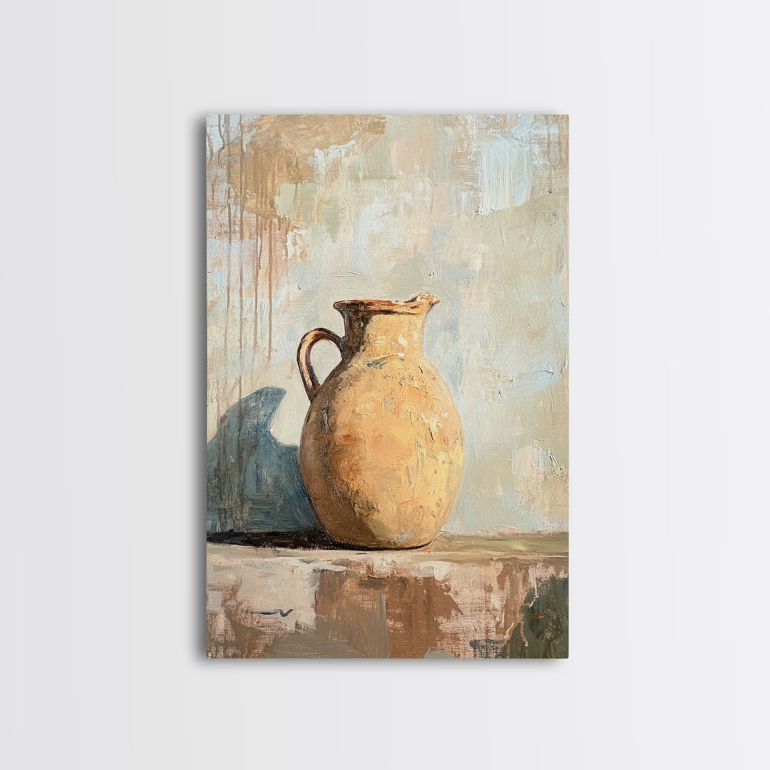 Rustic Ceramic Pitcher Still Life Wall Art, Neutral Farmhouse Decor, Country Kitchen Painting, Wabi Sabi Home Decor Gift