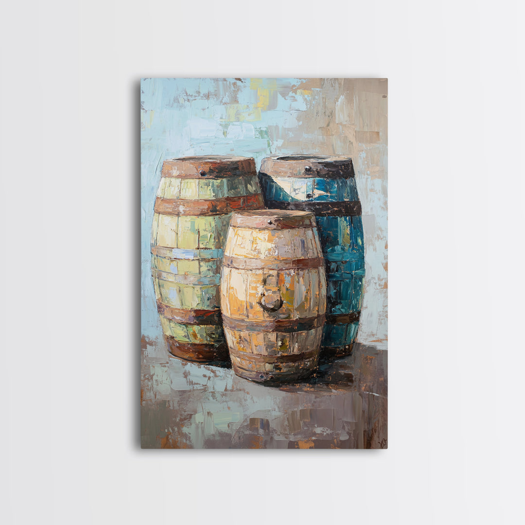 Rustic Wine Barrels Still Life Framed Canvas Print, Winery Wall Art, Home Bar Decor, Farmhouse Kitchen Gift For Him Idea