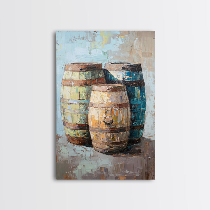 Rustic Wine Barrels Still Life Framed Canvas Print, Winery Wall Art, Home Bar Decor, Farmhouse Kitchen Gift For Him Idea