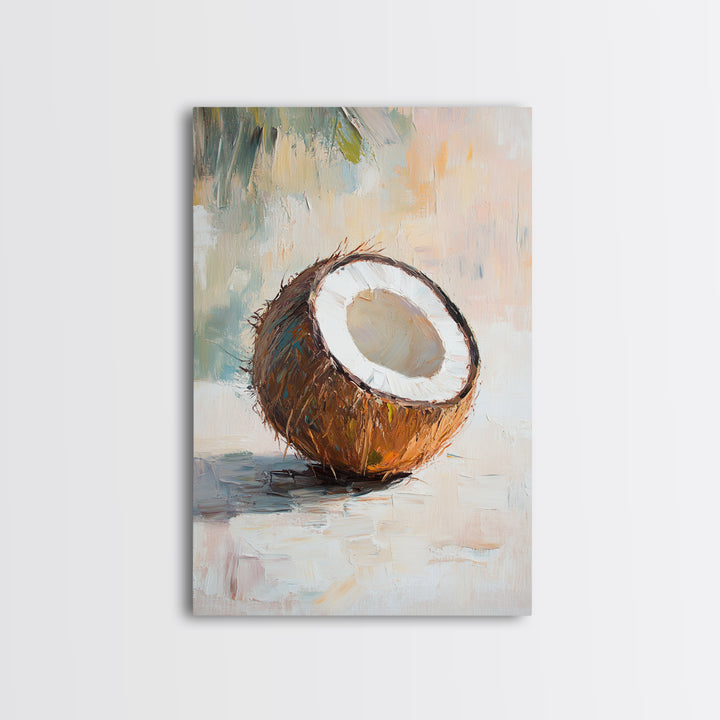 Split Coconut Still Life Canvas Print, Tropical Kitchen Wall Art, Coastal Home Decor, Food Art Print, Rustic Beach House Gift